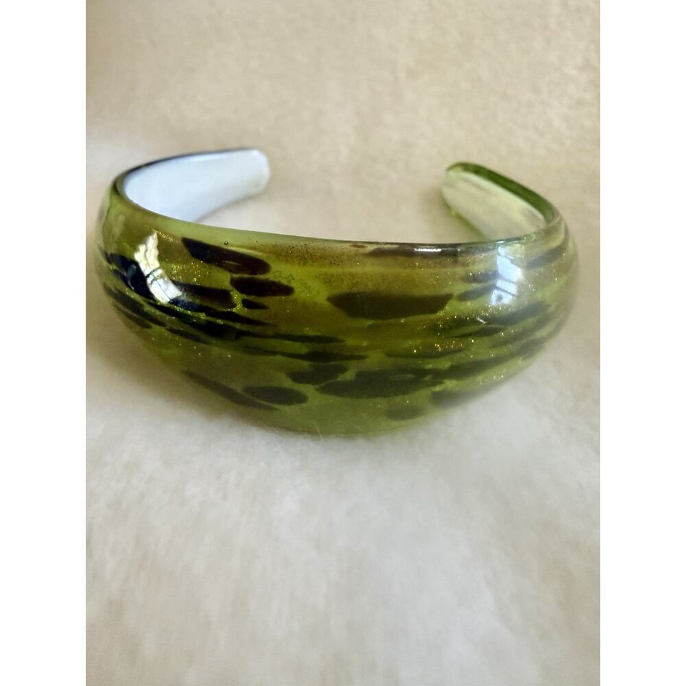 Art Glass Cuff Bracelet Hand Crafted Green with Black Speckles and Gold Flecks